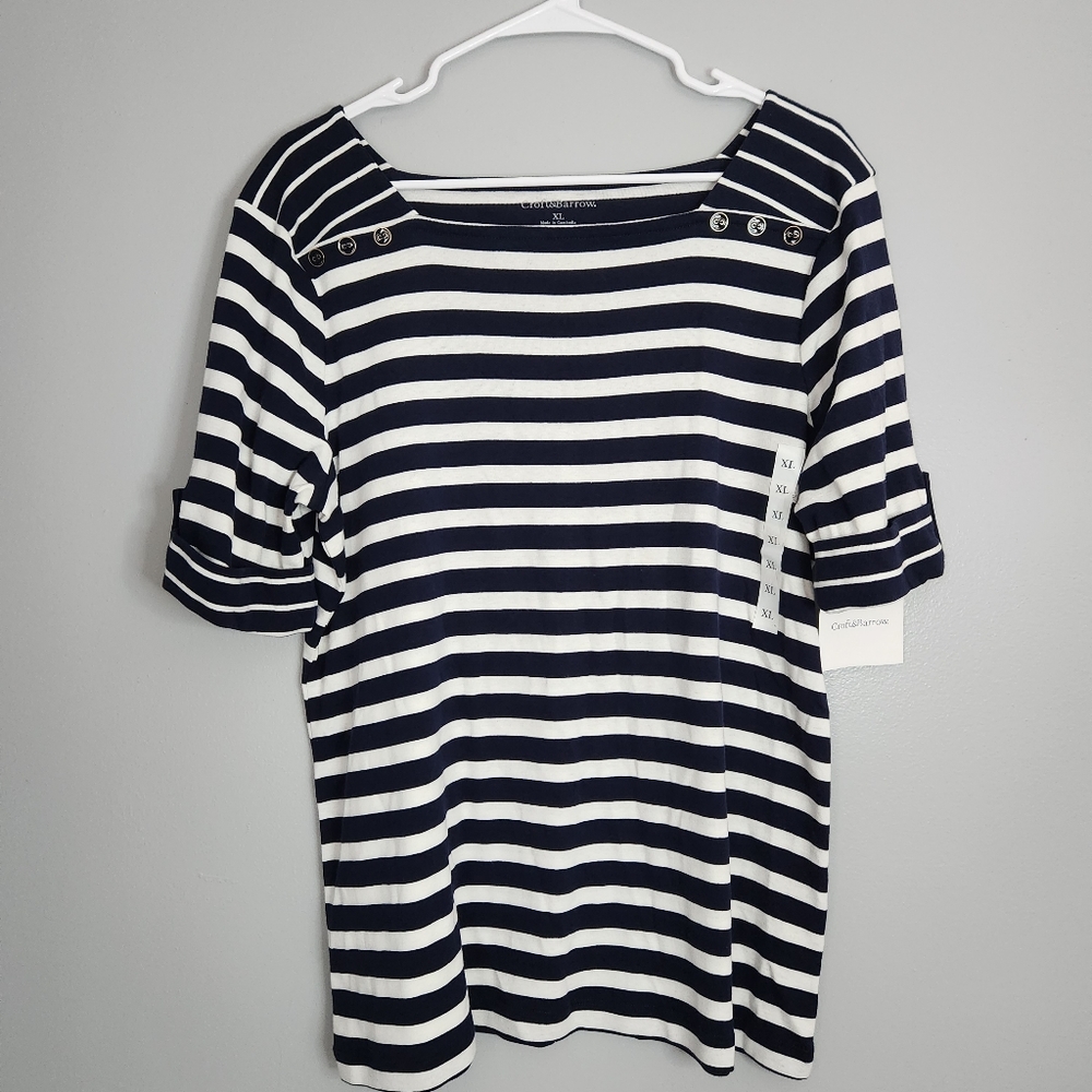 NWT Croft & Barrow square neck top. Sz XLG .navy and white stripe. Short sleeve.